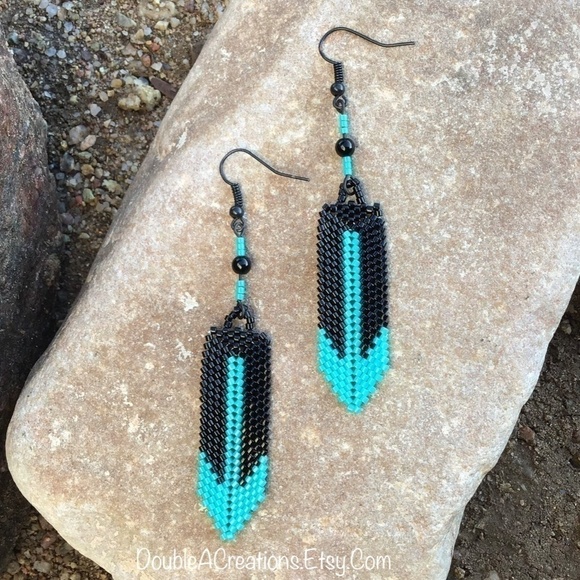 Turquoise and Black Beaded Feather Earrings, New, Handmade by Me - Picture 4 of 6